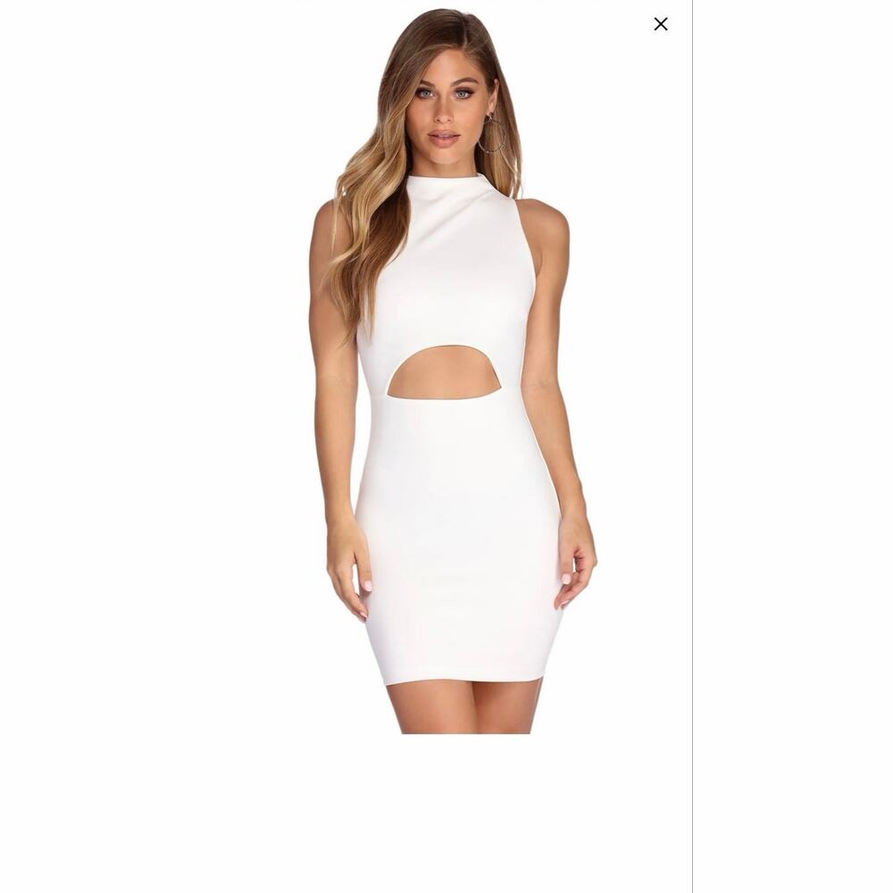Windsor White Ribbed Mini Bodycon Dress Mock Neck Waist Cutout Size L
